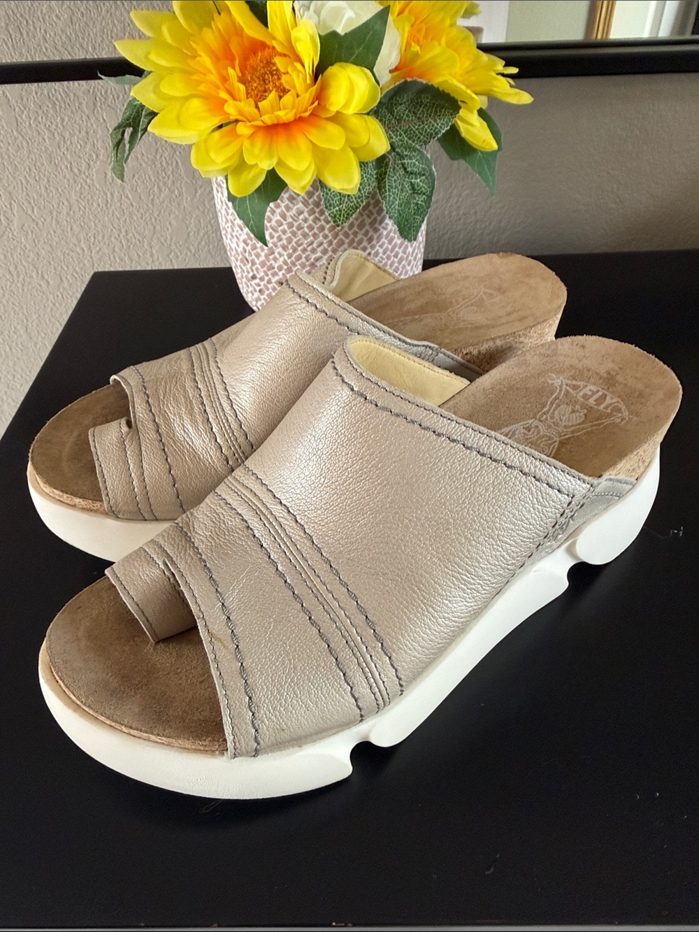 Fly London Metallic Taupe Slide Mules with White Sole